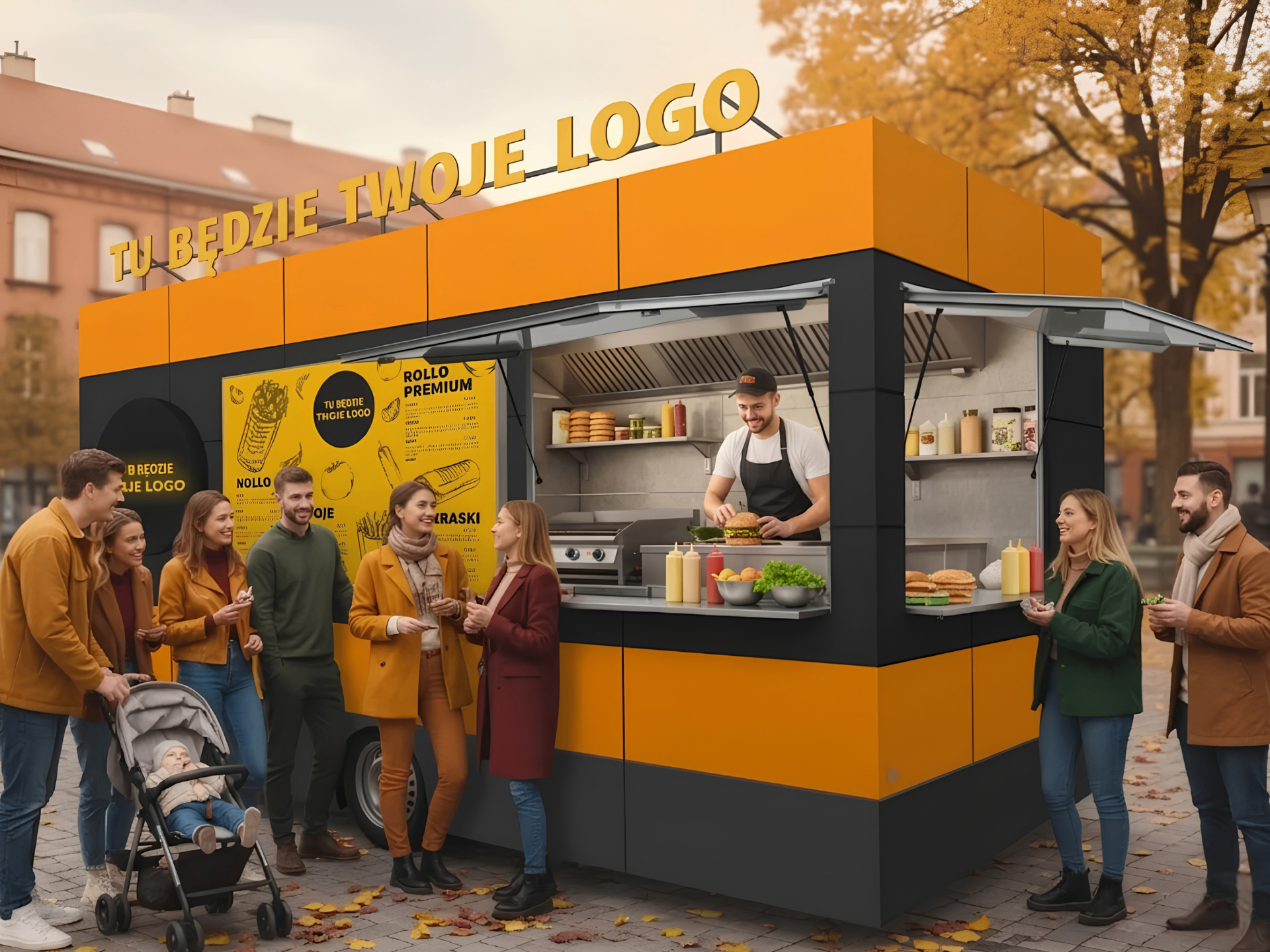 Pomarańczowa przyczepa gastronomiczna do wynajęcia